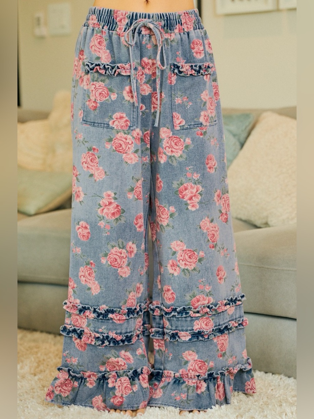 BiBi Washed Floral Denim With Ruffle Elastic Wide Pants 10010094801 - Picture 9 of 13